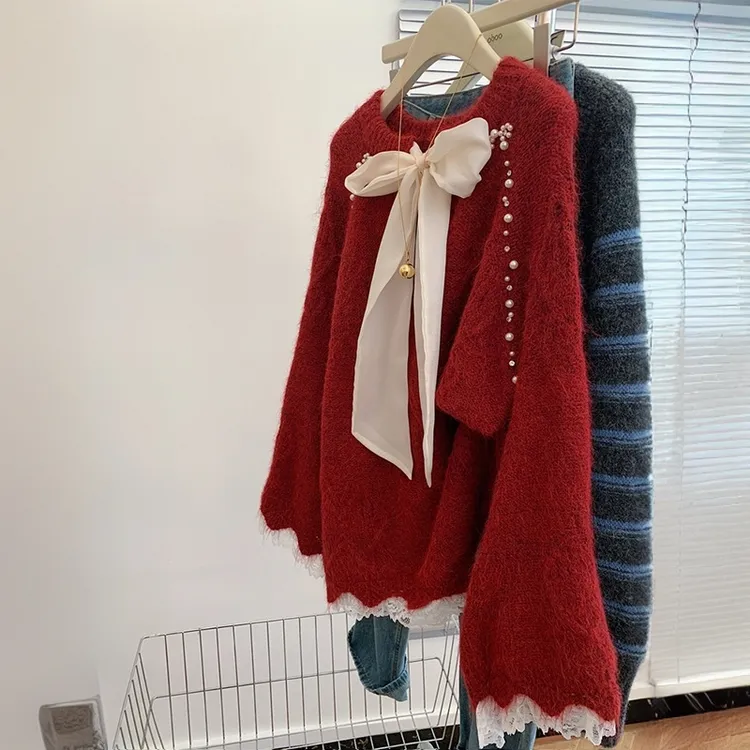 高级感本命年红色宽松钉珠套头毛衣女慵懒风加厚中长款针织衫上衣