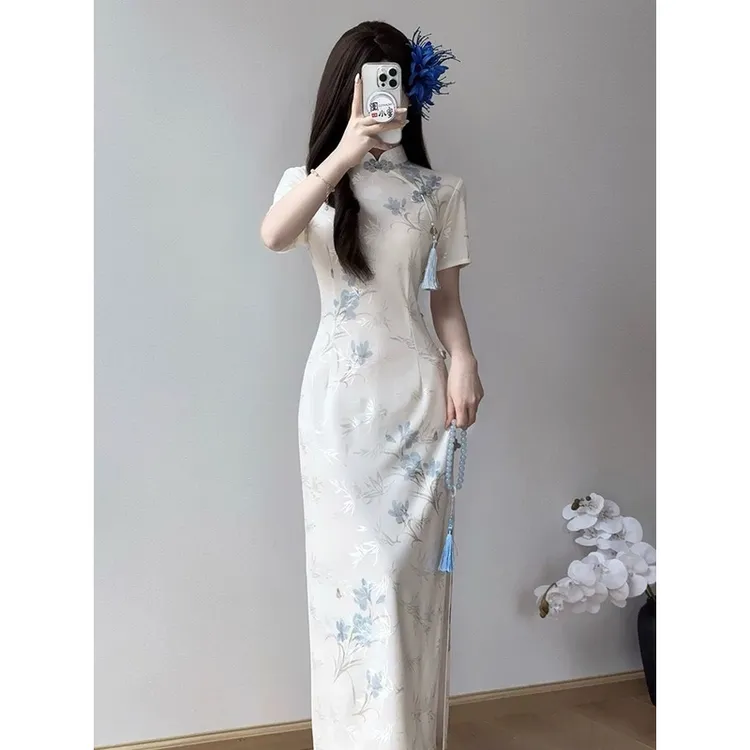 素雅旗袍长款夏季新中式清冷收腰复古2025年新款修身古风连衣裙
