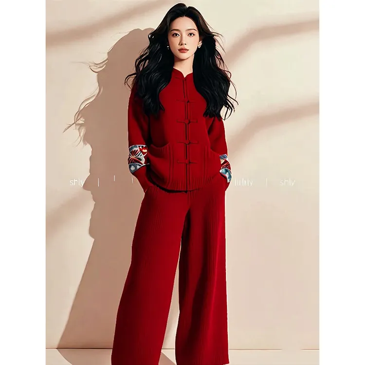 2025新款新中式国风红色针织衫搭配高腰红色直筒阔腿裤两件套装女