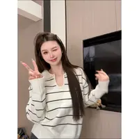 POLO领条纹长袖针织衫毛衣女夏季2025新款休闲撞色宽松设计感上衣