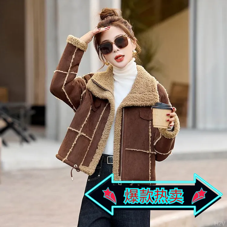 大衣欧货保暖秋冬新款外套女加绒加厚机车服宽松潮流复古短款翻领