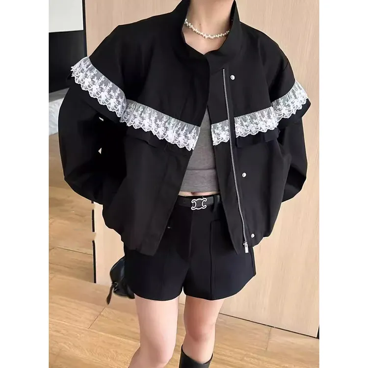 蕾丝花边拼接立领棒球服外套女2025春季新款宽松休闲百搭夹克上衣
