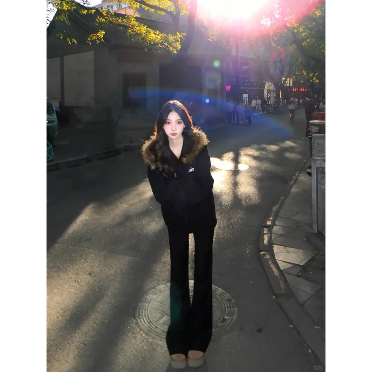 YWBY秋冬季新款加绒保暖毛领开衫连帽卫衣女美式宽松显瘦拉链外套