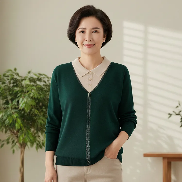 2025新款秋冬妈妈装翻领假两件针织衫女中老年显瘦洋气毛衣上衣