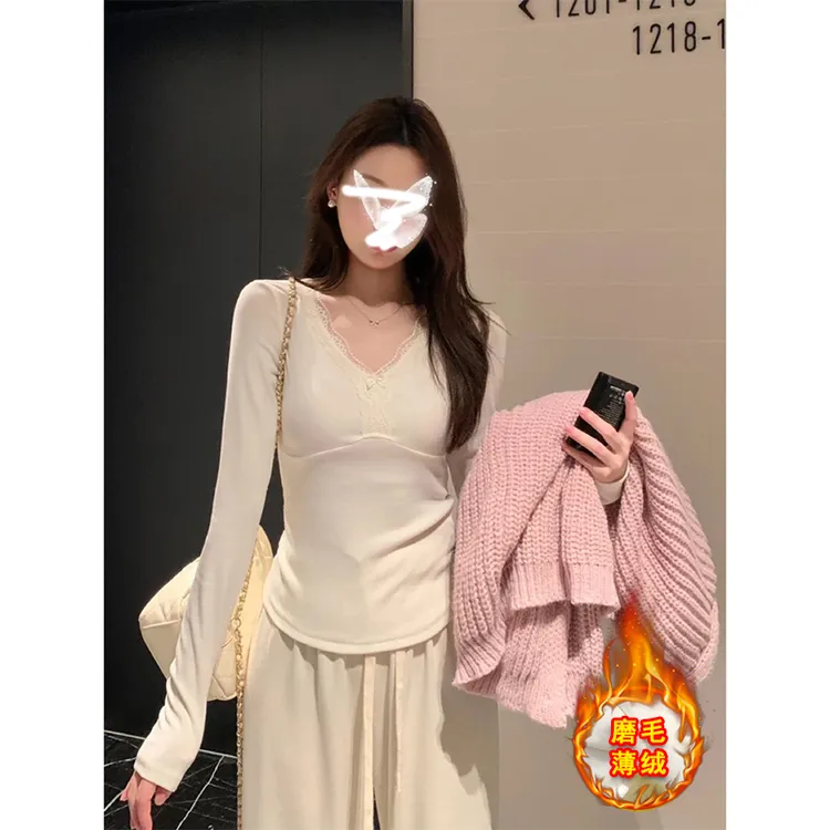 加绒蕾丝拼接长袖t恤女秋冬2024新款纯欲V领打底衫韩版学院风上衣