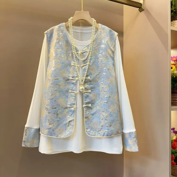 时尚新中式复古简约气质真两件套装衣长70左右