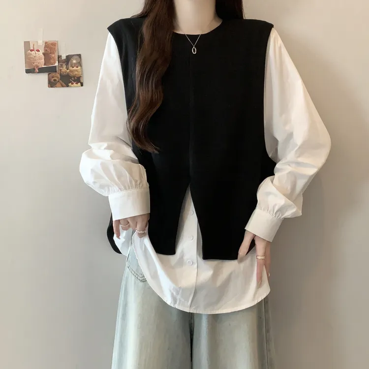 2025大码不规则拼接设计针织背心长袖衬衫女秋季假两件马甲上衣