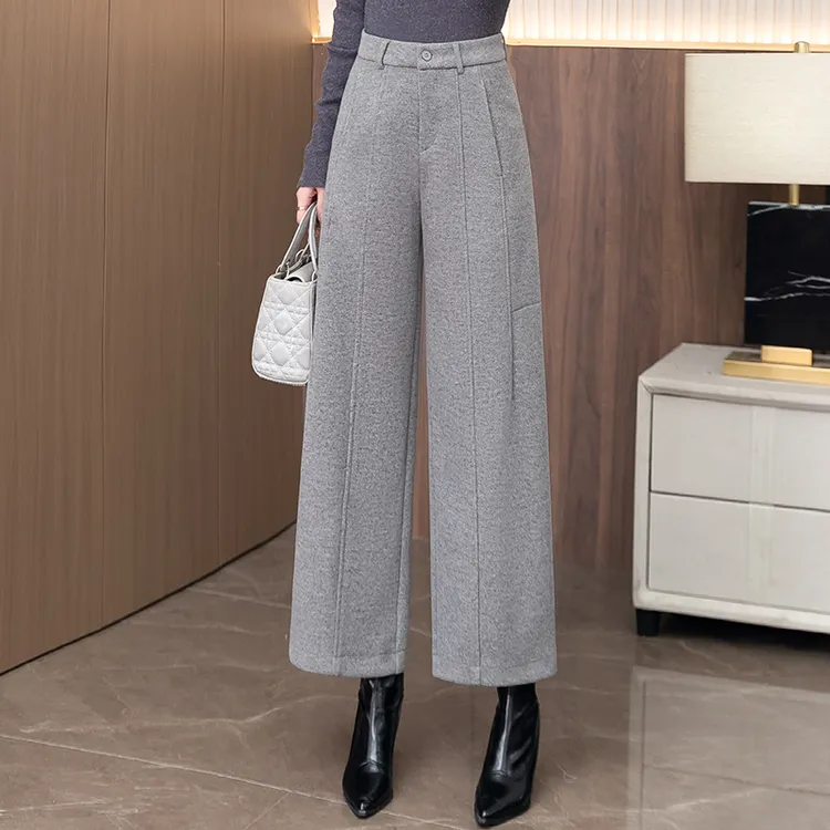 拉夏贝尔时尚潮流爆款九分阔腿裤女2025秋冬季加厚高腰休闲直筒裤