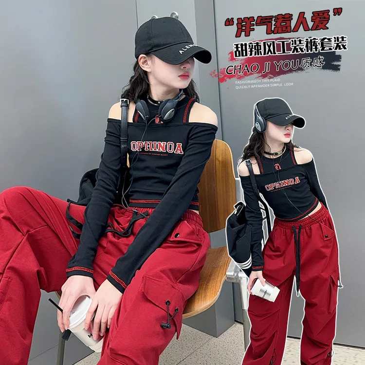 女童春装套装运动洋气时尚休闲甜辣风工装裤嘻哈潮设计款两件套