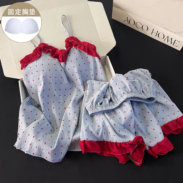 韩系红色波点睡衣女生新款夏季带胸垫休闲性感吊带短裤甜美家居服