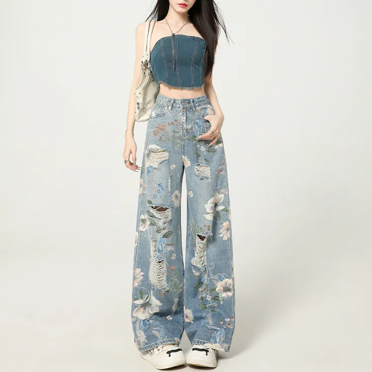 复古破洞印花阔腿牛仔裤女2025秋季新款高腰宽松垂感堆堆拖地长裤