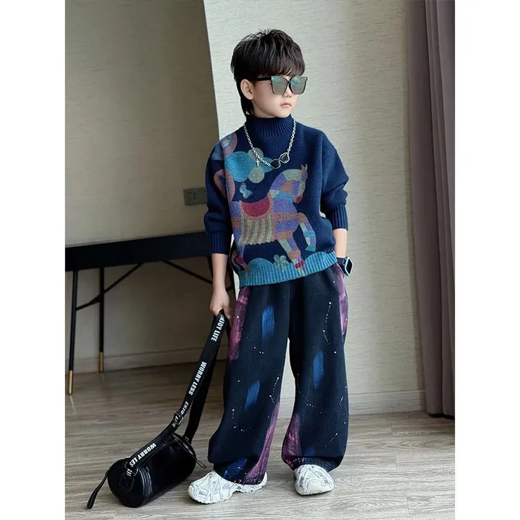 男童冬季新款时尚潮酷高领小马印花针织衫中大童保暖韩版宽松毛衣