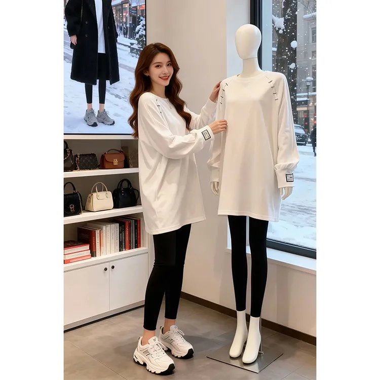 欧货中长款打底衫女秋冬2025新款遮屁股大码上衣配鲨鱼裤长袖T恤