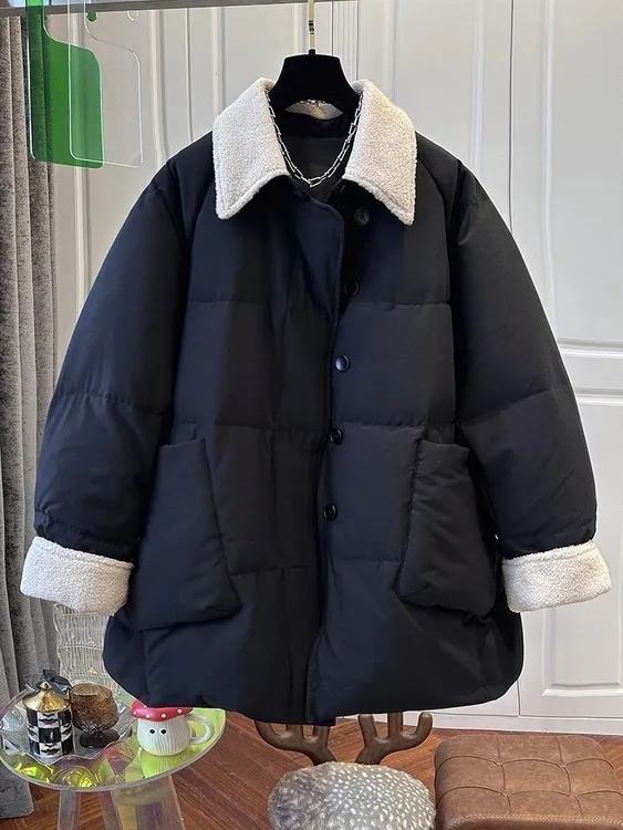 欧洲站棉衣棉服拼接羊毛翻领黑色中长款面包服女风衣保暖宽松冬季