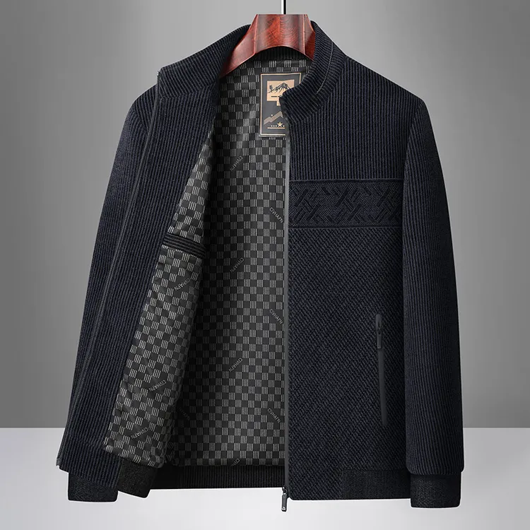 春秋男装中年雪尼尔爸爸外套新款爷爷中老年上衣立领休闲男士夹克