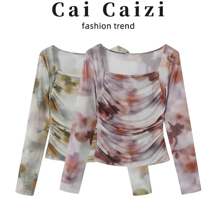 法式方领正肩长袖t恤女2025春装新款修身打底衫内搭短款上衣外穿