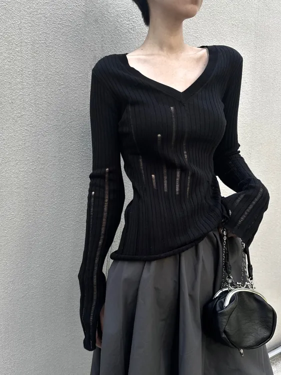 美式修身针织衫毛衣黑色早秋新款破洞镂空百搭显瘦长袖打底衫上衣