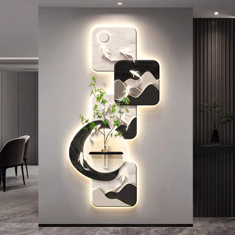 2025高级感玄关九鱼图装饰画走廊过道带灯挂画正对门入户轻奢壁画