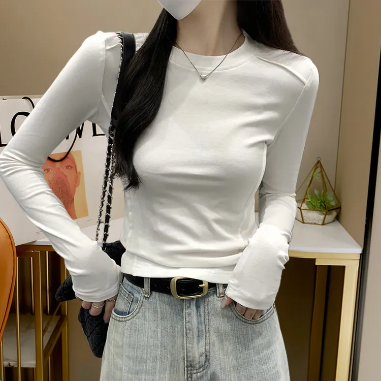 早秋别致白色t恤女纯棉设计感绝美正肩显瘦鱼骨长袖打底内搭上衣