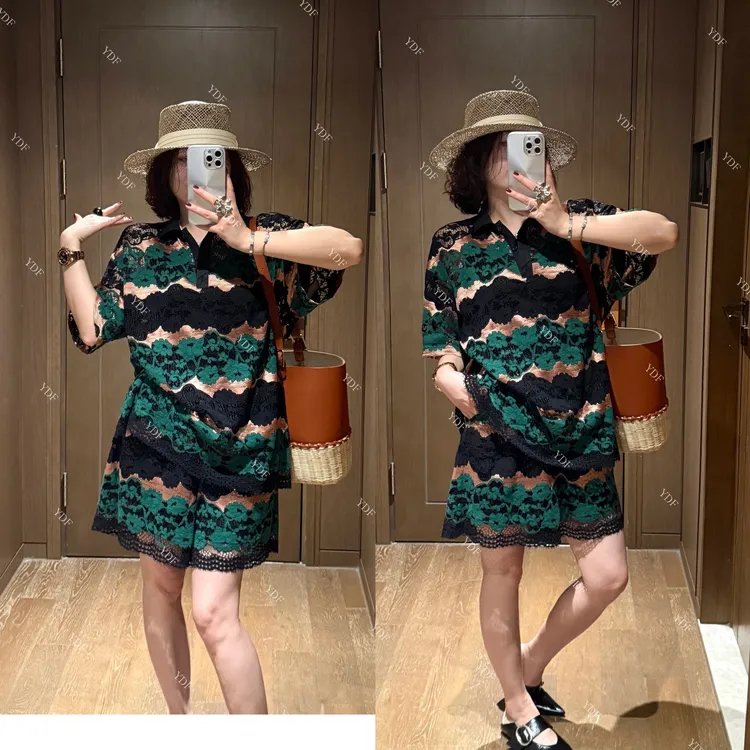 YDFSTUDIO小众【老钱标配】欧货高品撞色拼接蕾丝拼接上衣+短裤套装