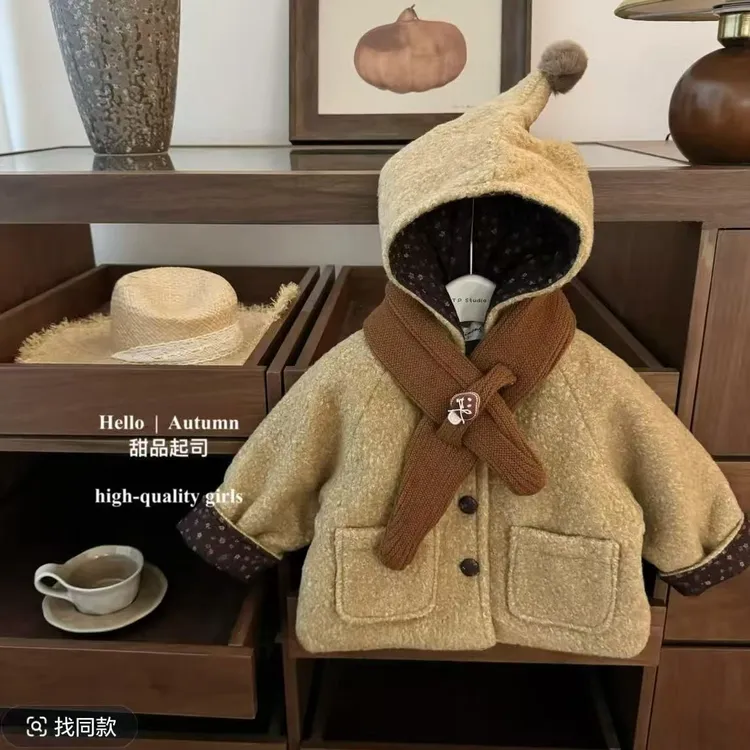 休闲公主风连帽加绒单排扣宝宝纯色时尚B类呢大衣韩版女童