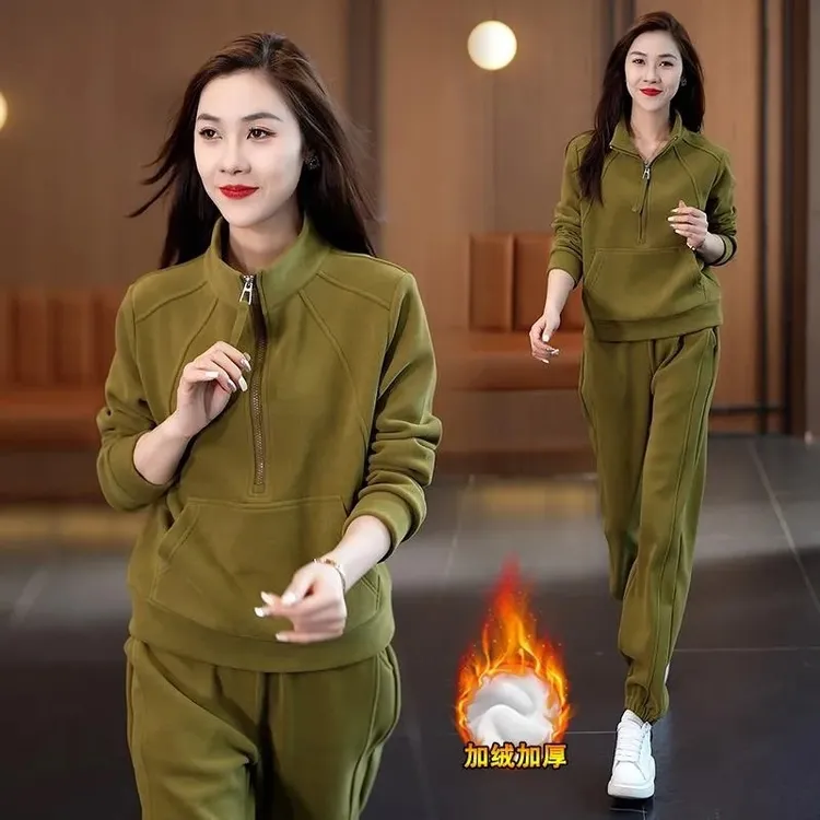 时尚运动卫衣套装女2025秋冬季新款加绒加厚宽松显瘦阔腿裤两件套