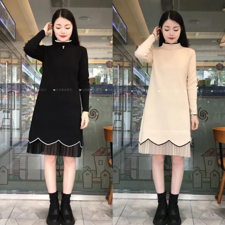秋冬气质针织连衣裙时尚挂坠拼接网纱百搭宽松打底裙新款遮肉款裙