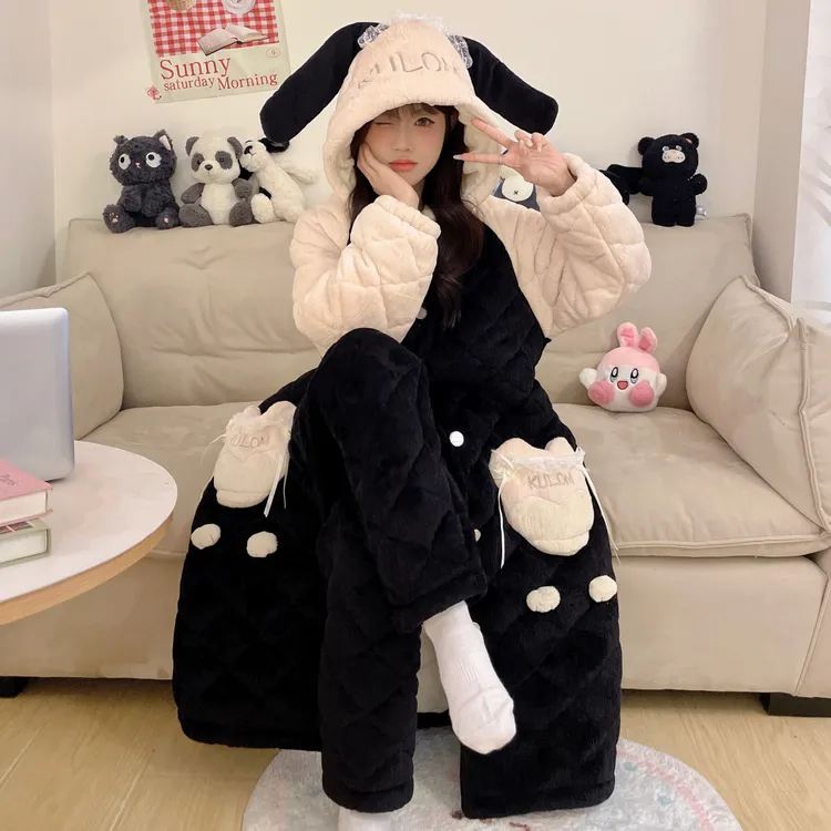 2025三层夹棉睡衣女秋冬季加绒加厚连帽睡袍可爱浴袍家居服冬天