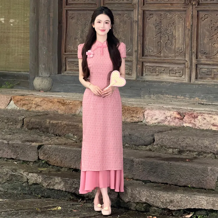 LILI李李家【小晴空】新中式少女风波点旗袍2025夏新品花朵连衣裙