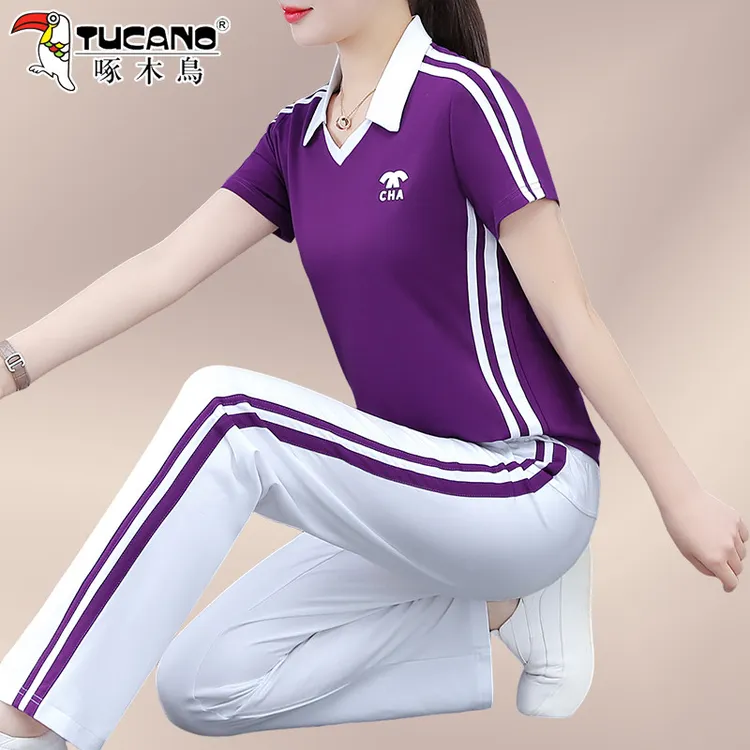 啄木鸟女士夏套装2026新款广场舞服装翻领短袖冰丝运动服两件套