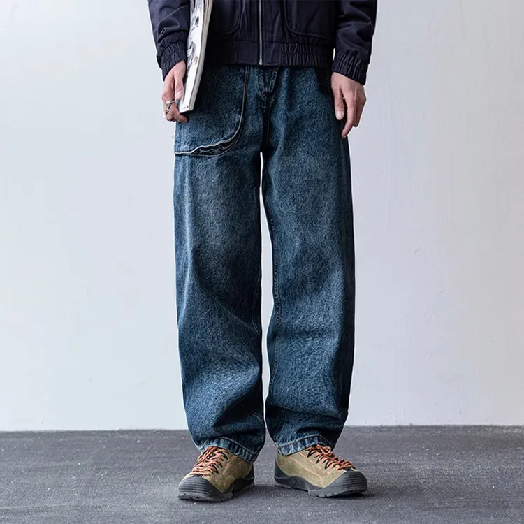 街头cleanfit美式宽松直筒水洗牛仔裤男士立体口袋阔腿裤休闲长裤