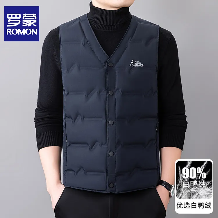 罗蒙冬季新款中年90白鸭绒马甲保暖羽绒背心宽松休闲爸爸坎肩衣服