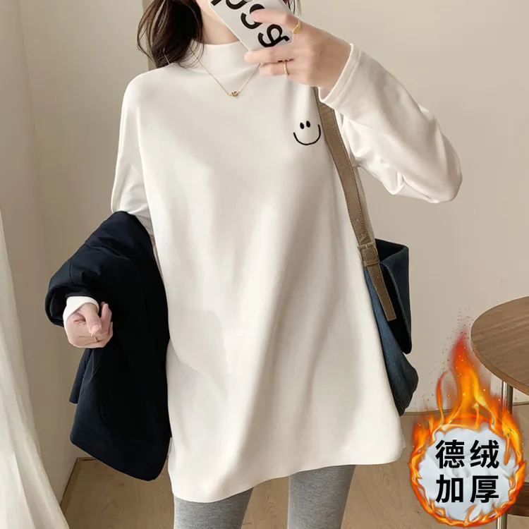 德绒半高领打底衫女秋冬内搭洋气长袖t恤阳离子加厚磨毛白色上衣