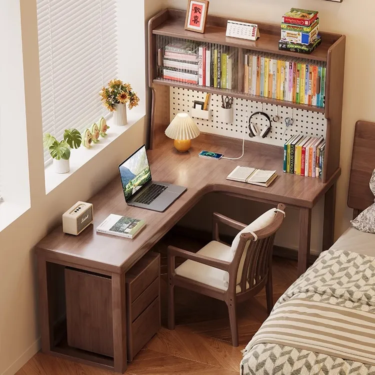 实木转角书桌书架一体学习桌书柜组合学生L型拐角电脑桌带洞洞板