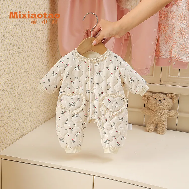 甜甜樱桃婴儿加绒夹棉秋冬款连体衣女宝宝新生儿加绒保暖外出服