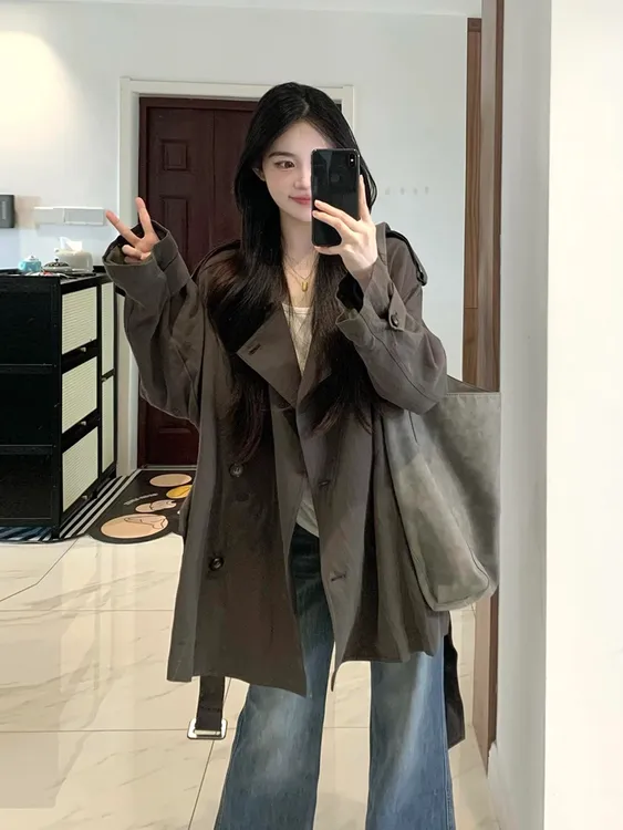 2025秋款短款薄款修身型秋季长袖纯色风衣休闲气质外套风衣