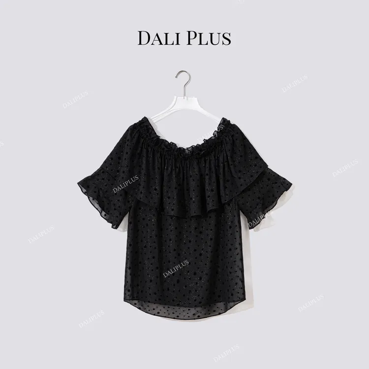 DALI PLUS“一字领植绒波点衬衫”夏季百搭短袖衬衣-D5XH0046