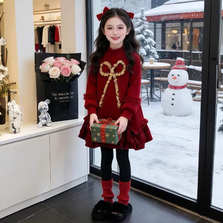 女童加绒连衣裙女孩公主新款红色洋气新年儿童小女孩亮片裙子拜年