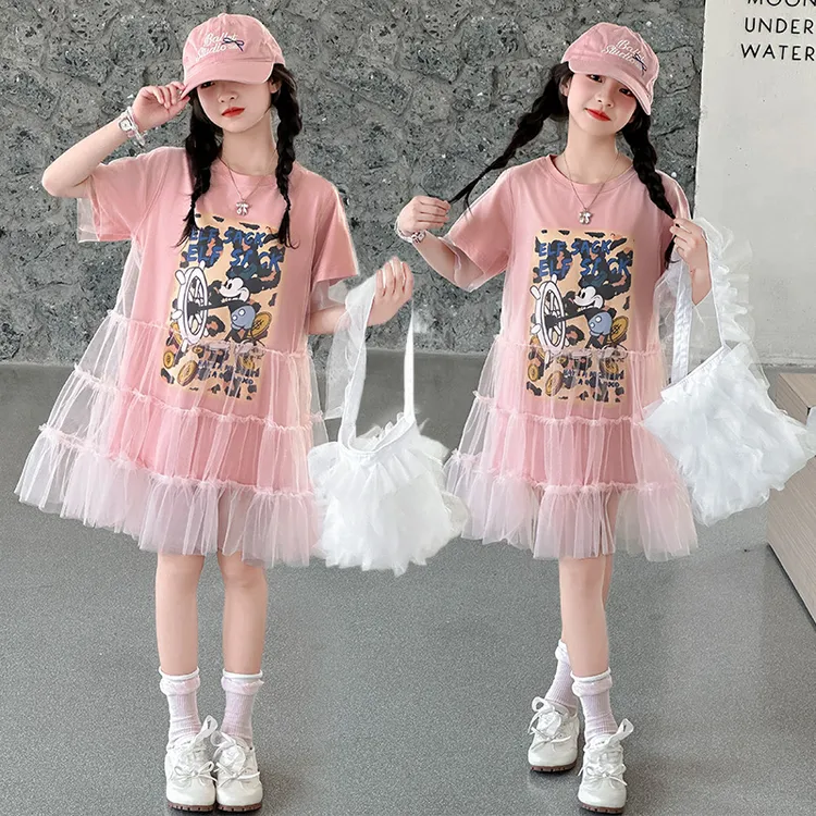 夏季女童甜美时尚T恤裙2025新款中大儿童6-12-15岁夏款洋气网纱裙