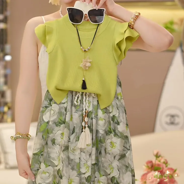 新品巴拉巴拉女童荷叶边短袖套装夏2025新款超薄花边恤雪纺碎花阔