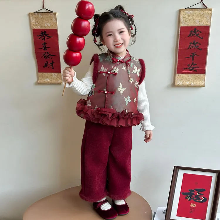 女童拜年服冬季新中式儿童宝宝加绒马甲冬装中国风演出服过年衣服