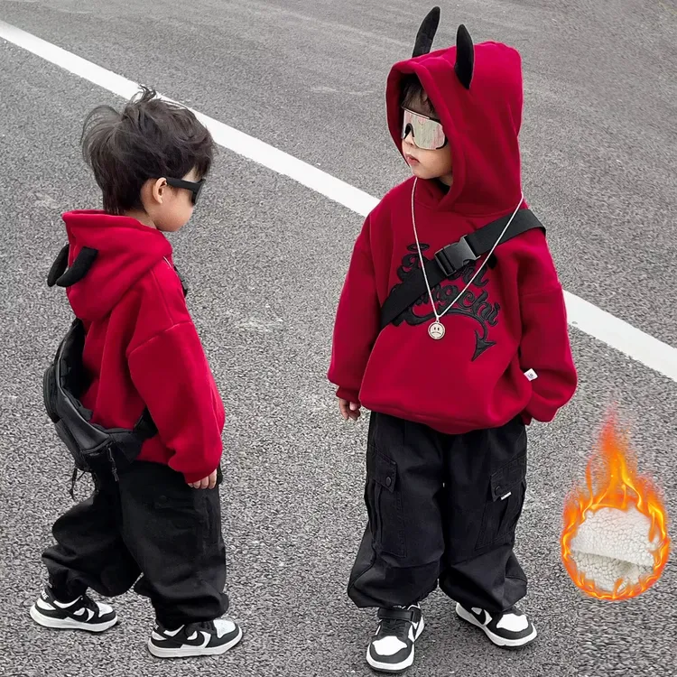 【万达专柜】2025儿童韩版加厚上衣男童冬装外套加绒连帽卫衣羊羔绒