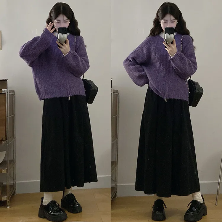 大码胖mm秋冬新款针织百搭长袖圆领毛衣蕾丝打底半身裙三件套装女