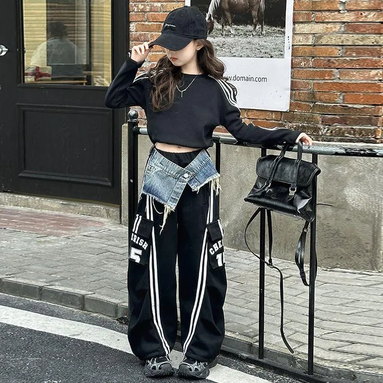 女童套装春季2025新款时髦儿童美式拼接牛仔工装裤春秋运动两件套