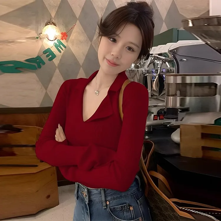 安哥拉红针织衫女秋冬内搭韩系打底衫设计感小众修身显瘦别致上衣