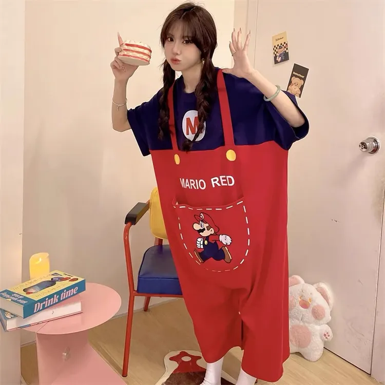 马里奥连体睡衣女夏季新款短袖纯棉加大码胖mm卡通学生休闲家居服
