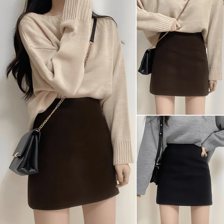 毛呢半身裙女2025秋冬款高腰显瘦A字短裙时尚百搭一步裙带安全裤1