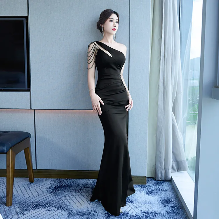 优雅名媛高贵宴会晚礼服性感开叉时尚单肩修身包臀夜总会技师女装