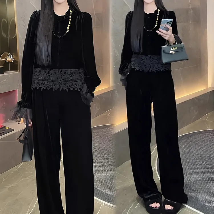 2025春秋新款设计感长袖下摆拼接开衫上衣女高腰显瘦直筒裤两件套