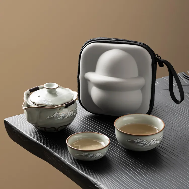 汝窑快客杯便捷式旅行茶具套装轻奢中式出差户外酒店喝茶一壶两杯